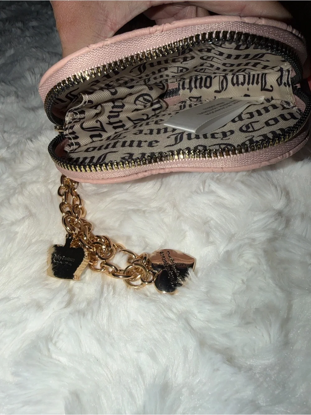 Juicy Couture Blush Pink Heart Coin Purse with Gold Charm Chain
